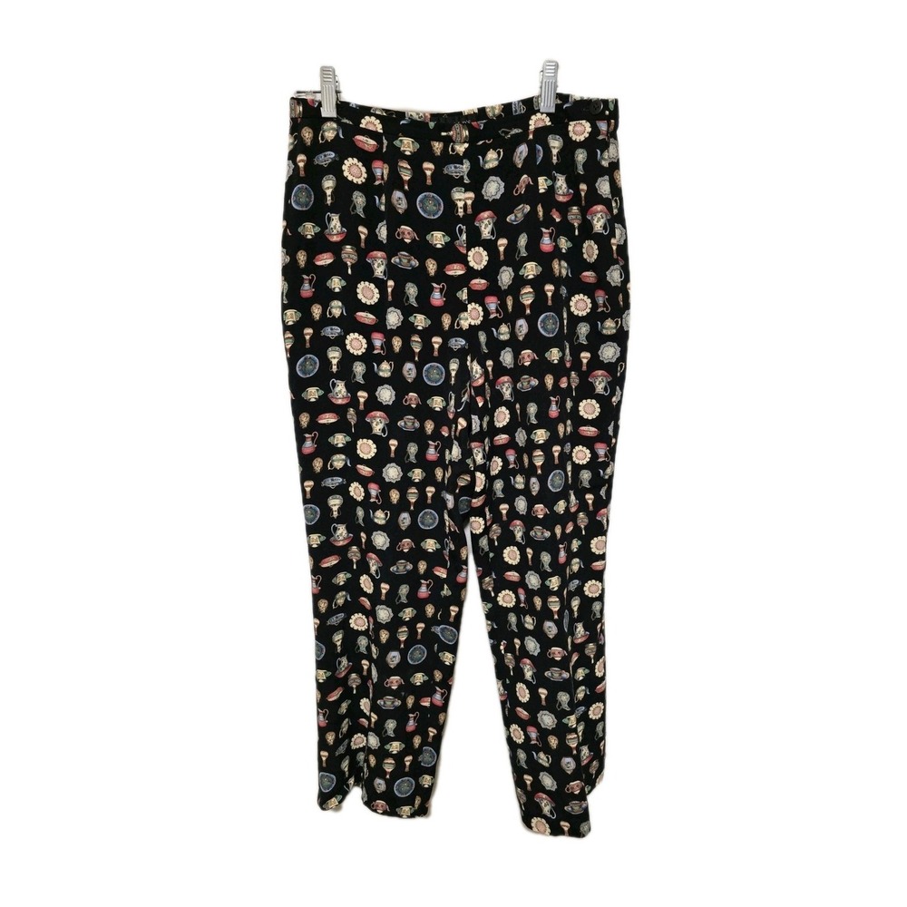 Vintage Novelty Print Crop Pants Tea Cups Pottery Black Harolds Size 2